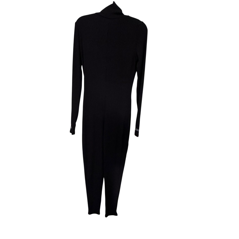 Lucky Label Womens Ribbed Knit Long Sleeve Half Zip Mock Neck Jumpsuit Black